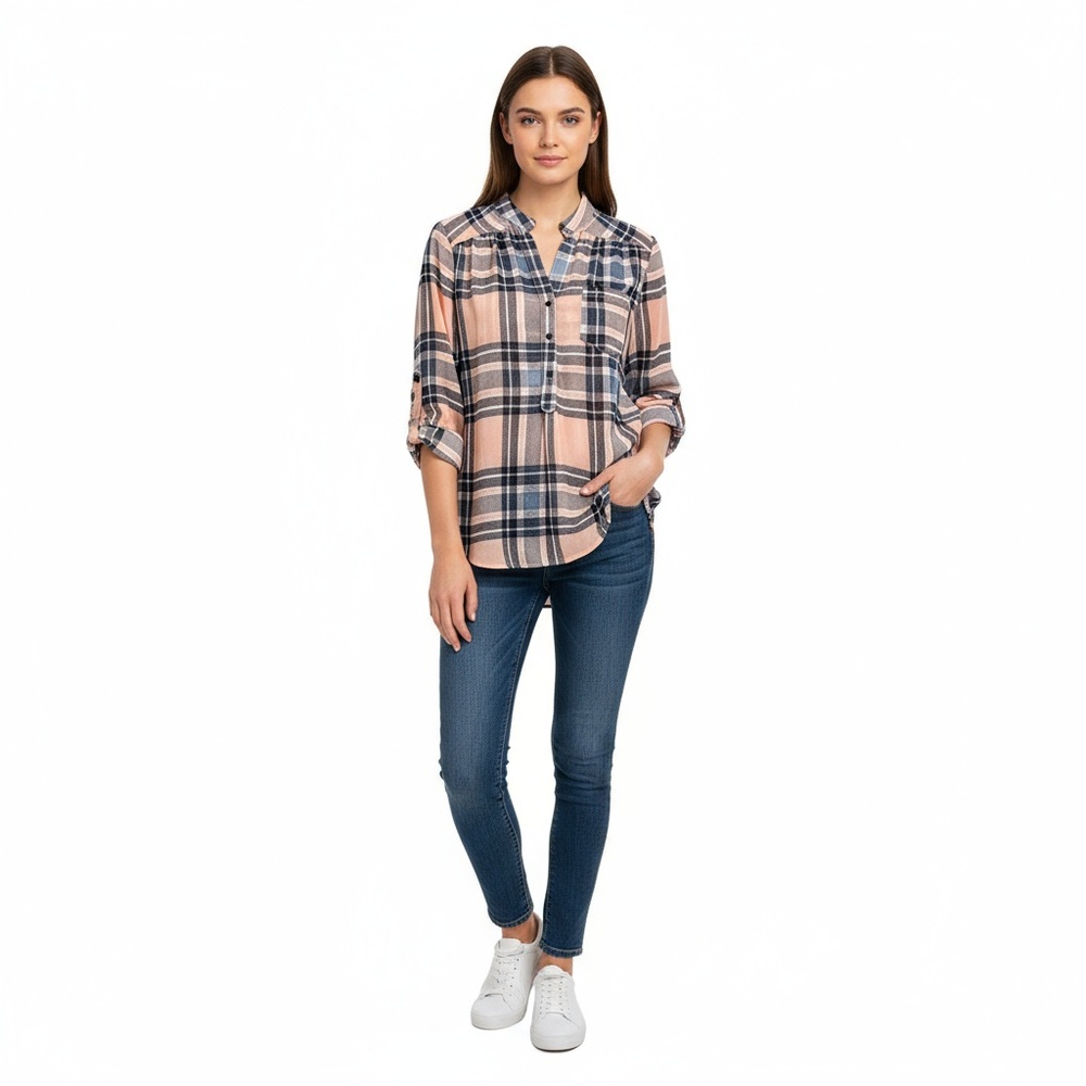 Fun2Fun Womens Salmon Blue Plaid Casual Roll Up Boyfriend Shirt Sheer Relaxed